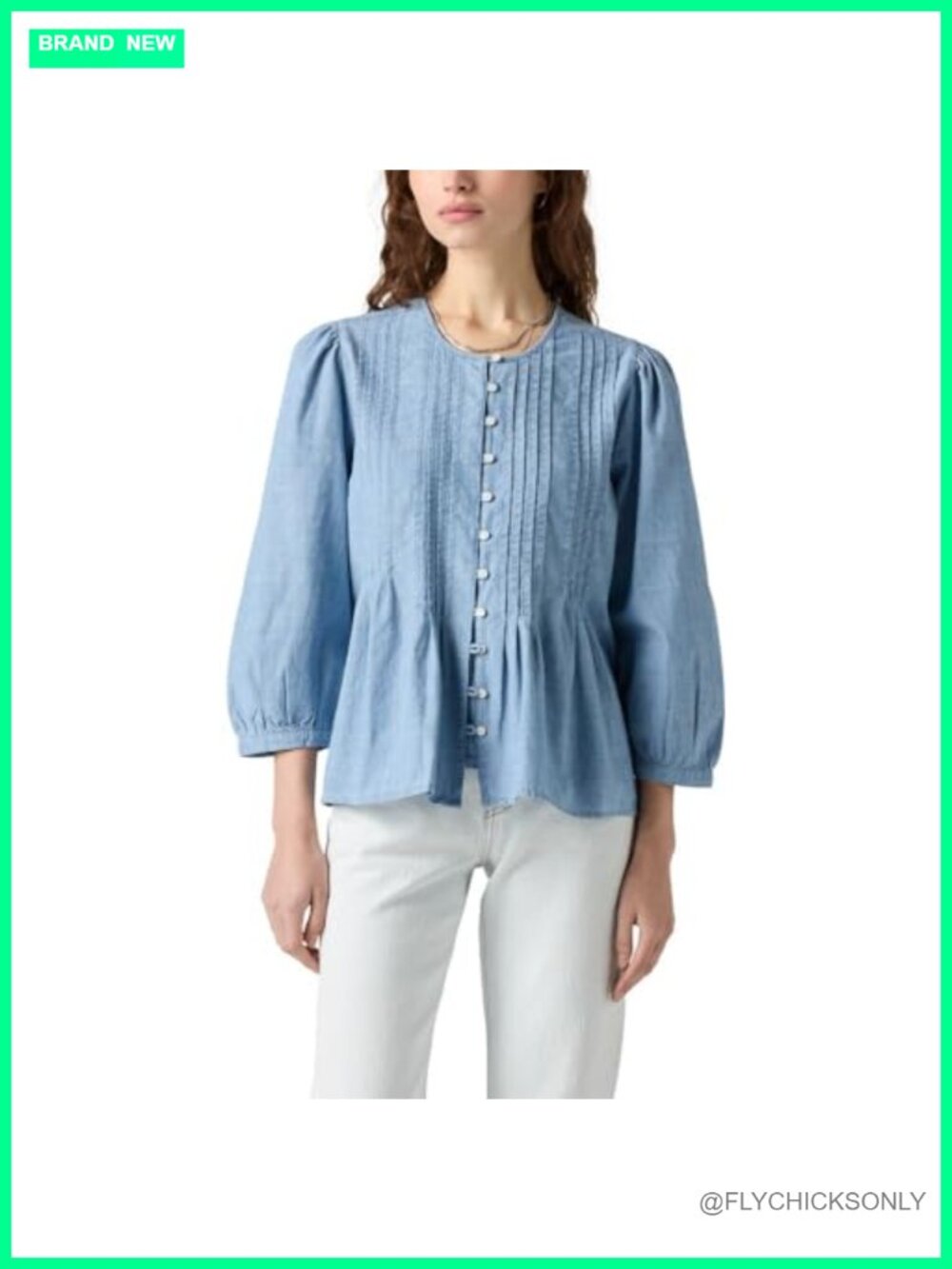 Womens Gina Button-Up Blouse Relaxed Fit 3/4 Sleeve Ruffle High Neck